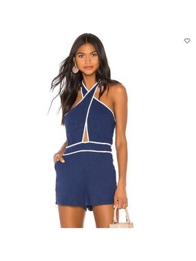 NWT Superdown Coraline Halter Romper Medium Navy and White Revolve